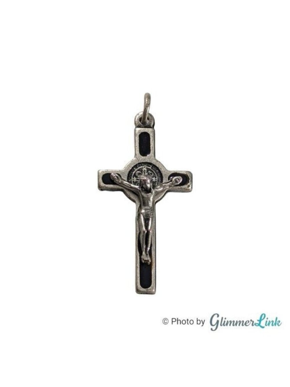 St. Benedict Crucifix Cross Silver Tone Black Enamel Religious Pendant